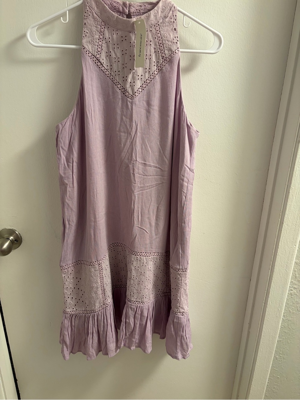 NWT Francesca's Blue Rain Hunter Halter Dress Lavender Eyelet Lace Ruffle Mini S